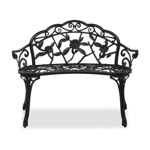 Bonnlo Gartenbank Metall Aluminium Rose, wetterfeste Sitzbank für 2 Sitzer, antike Sitzbank mit Rückenlehne, Bänke für Terrase, Balkon, Garten, Hof, Schwarz​​ (Schwarz​) von Bonnlo