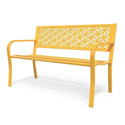 Bonnlo Gartenbank Metall Retro-Stil, wetterfeste Sitzbank für 2-3 Sitzer, Essbank mit Rückenlehne und floraler Armlehne, Gartenmöbel bis 360kg belastbar, Bänke für Garten Balkon Hof, Gelb Bonnlo Gartenbank Metall Retro-Stil, wetterfeste Sitzbank für 2-3 Sitzer, Essbank mit Rückenlehne und floraler Armlehne, Gartenmöbel bis 360kg belastbar, Bänke für Garten Balkon Hof, Gelb von Bonnlo