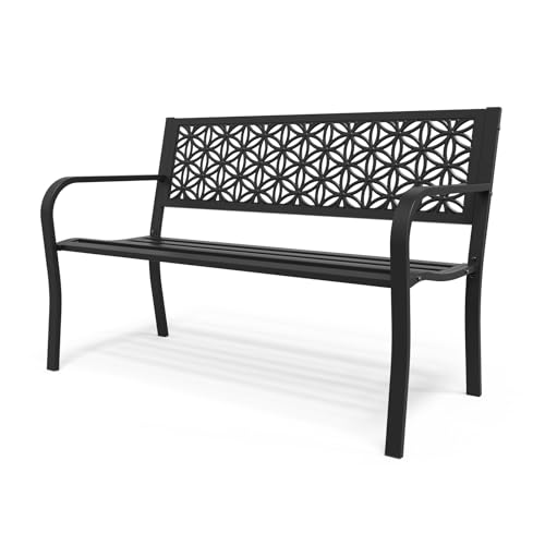 Bonnlo Gartenbank Metall Retro-Stil, wetterfeste Sitzbank für 2-3 Sitzer, Essbank mit Rückenlehne und floraler Armlehne, Gartenmöbel bis 360kg belastbar, Bänke für Garten Balkon Hof, Schwarz von Bonnlo