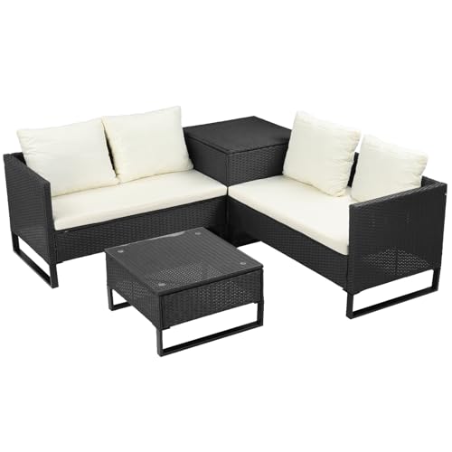 Bonnlo Gartenmöbel Set 4-teilig, 1 Sitzbank für 2 Personen + 1 Couchtisch + 1 Aufbewahrungsbox, PE-Geflecht in Schwarz mit beigen Kissen und Metallfüßen, für Garten, Terrasse, Balkon Bonnlo Gartenmöbel Set 4-teilig, 1 Sitzbank für 2 Personen + 1 Couchtisch + 1 Aufbewahrungsbox, PE-Geflecht in Schwarz mit beigen Kissen und Metallfüßen, für Garten, Terrasse, Balkon von Bonnlo