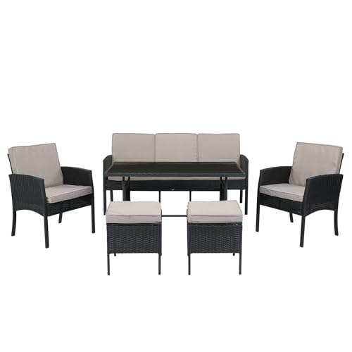 Bonnlo Gartenmöbel Set 6-teilig, 1 Dreisitzer Sofa + 2 Sessel + 1 Tisch + 2 Hocker, Lounge-Garnitur aus PE-Geflecht in Schwarz mit grauen Kissen, für Terrasse Garten Balkon von Bonnlo