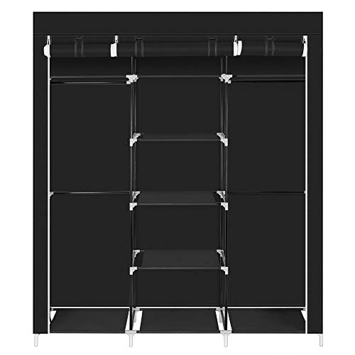 Bonnlo Kleiderschrank, Offener Kleiderschrank Stoff, 150 x 45 x 175 cm, Stoffschrank mit Kleiderstange & Ablagen Stabil, für Schlafzimmer, viel Stauraum, Faltbar, Schwarz von Bonnlo