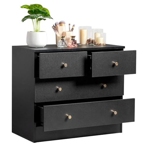 Bonnlo Kommode mit 4 Schublade, Kommode Schwarz aus P2-Holz, Kommode Schlafzimmer Wohnzimmer Arbeitszimmer Flur 66 x 33 x 57.5 cm, Sideboard,Schubladenschrank klein (schwarz, 66 x 33 x 57.5 cm) von Bonnlo