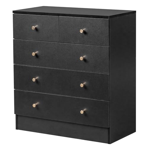 Bonnlo Kommode mit 5 Schublade, Kommode Schwarz aus P2-Holz, Kommode Schlafzimmer Wohnzimmer Arbeitszimmer Flur 66 x 33 x 73 cm, Sideboard,Schubladenschrank klein (schwarz, 66 x 33 x 73 cm) von Bonnlo