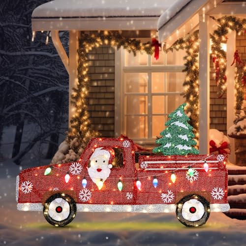 Bonnlo Leuchtende Weihnachtsmann-Dekoration im Pickup mit Weihnachtsbaum, 2D Weihnachtsdeko mit 100 Warmweißen LEDs und Multicolor Lichterkette, mit Erdhaken für Innen- und Außendekoration Bonnlo Leuchtende Weihnachtsmann-Dekoration im Pickup mit Weihnachtsbaum, 2D Weihnachtsdeko mit 100 Warmweißen LEDs und Multicolor Lichterkette, mit Erdhaken für Innen- und Außendekoration von Bonnlo