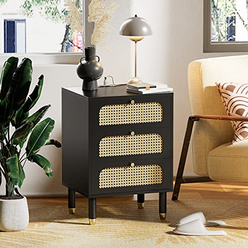 Bonnlo Rattan Nachttisch mit Ladenfunktion, Beistelltisch mit 3 Schubladen, Nachtschrank aus MDF, Moderne Kommode, für Wohnzimmer, Schlafzimmer, Flur, Büro, 40 x 35 x 60.5 cm, Schwarz von Bonnlo