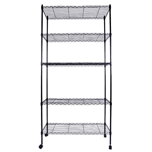 Bonnlo Regal mit Rollen, 6 Gitterböden und Höhenverstellbaren Einlegeböden, Metallregal, Lagereinheit, Küchenregal, Kellerregal, 90 × 35 × 165cm, Schwarz von Bonnlo