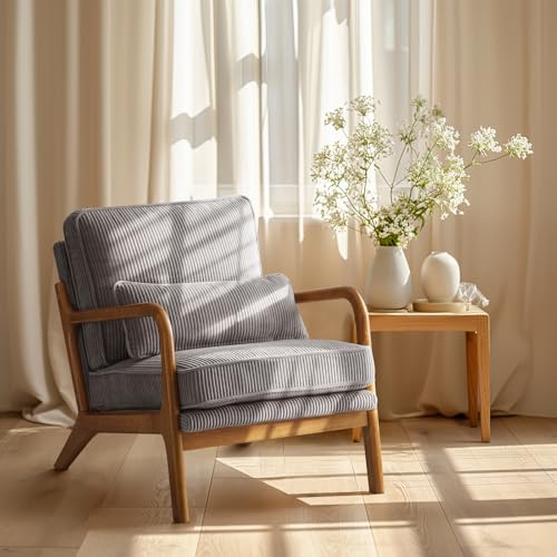 Bonnlo Sessel Gepolsterter Cocktailsessel, Moderner loungesessel, Ohrensessel für Wohnzimmer, Polsterstuhl mit Massivholz, Lesesessel, bis 200 kg belastbar, Cord-Stoff, Grau von Bonnlo