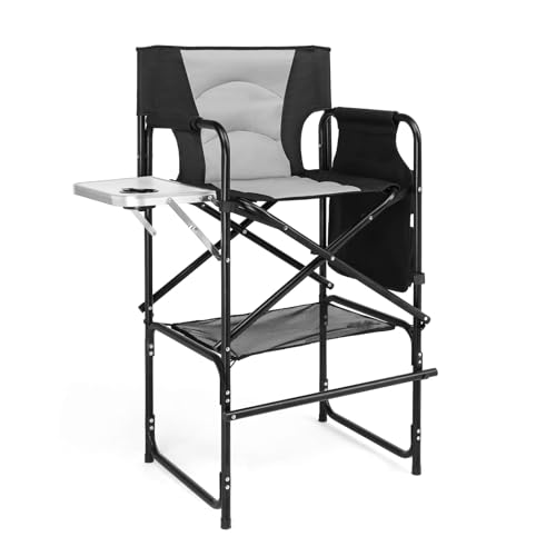 Bonnlo Silla Plegable Camping 78 cm, 120 KG Cap. Mesita Lateral 90° Plegable Bolsillo Lateral Reposapiés, Silla de Directores Plegable para Maquillaje Estudio Fotográfico Rodajes y Camping Negro-Gris von Bonnlo
