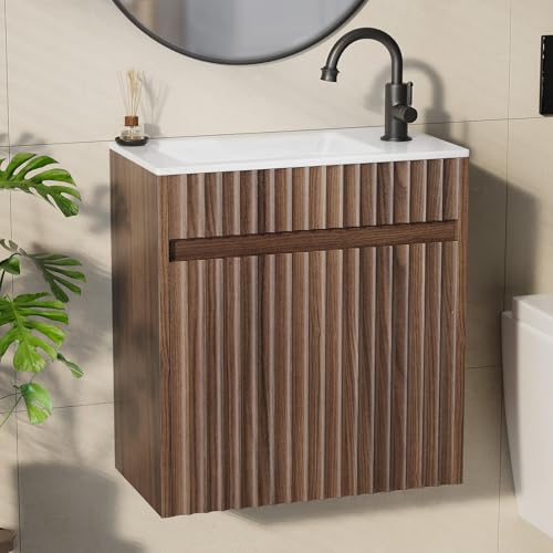Bonnlo Waschbecken mit Unterschrank Waschtisch mit Unterschrank Waschbeckenunterschrank Hängend mit Waschenbecken Wasserdicht Badmöbel Set mit Waschbecken 2 Teilig Modern, 46 x 26 x 51cm Nussbaumfarbe von Bonnlo