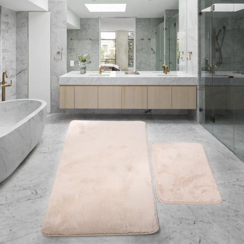 Bonny Home Beige rutschfeste Badematte Set 2er (80x150 cm) + (50x80 cm)| Plüsch Badteppich | Weiche Bad- und Duschvorleger | Maschinenwaschbar, Schnell Trocknend Badvorleger Relax von Bonny Home