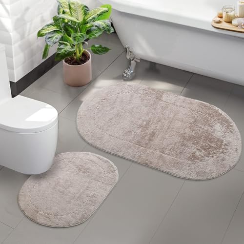 Bonny Home 2er Badteppich Beige rutschfeste Badematte mit Ledersohle | Weiche Bad- und Duschvorleger | Für Bad, Dusche und Toilette Maschinenwaschbar Badvorleger Rixos von Bonny Home