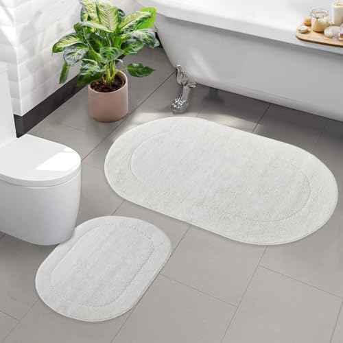 Bonny Home 2er Badteppich Creme rutschfeste Badematte mit Ledersohle | Weiche Bad- und Duschvorleger | Für Bad, Dusche und Toilette Maschinenwaschbar Badvorleger Rixos von Bonny Home
