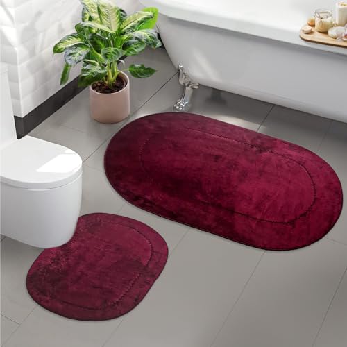 Bonny Home 2er Badteppich Pflaume rutschfeste Badematte mit Ledersohle | Weiche Bad- und Duschvorleger | Für Bad, Dusche und Toilette Maschinenwaschbar Badvorleger Rixos von Bonny Home