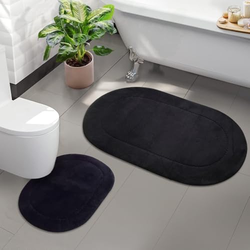 Bonny Home 2er Badteppich Schwarz rutschfeste Badematte mit Ledersohle | Weiche Bad- und Duschvorleger | Für Bad, Dusche und Toilette Maschinenwaschbar Badvorleger Rixos von Bonny Home
