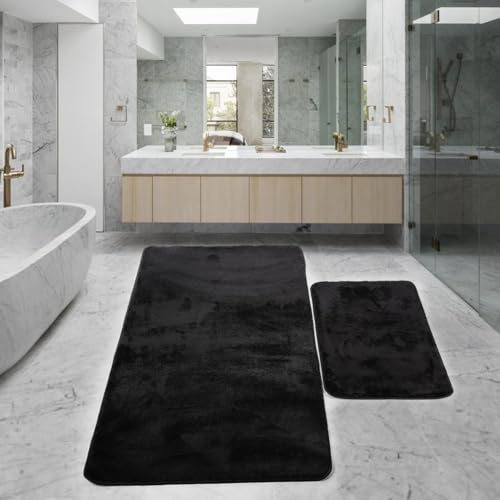 Bonny Home rutschfeste Badematte Badteppich Schwarz, 2er Set (60x100 cm)+(50x60 cm) Relax Plüsch | Weiche Bad- und Duschvorleger Maschinenwaschbar, Schnell Trocknend Badvorleger von Bonny Home