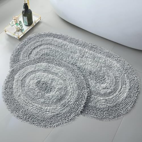 Oval Badematte Grau 2er Set (60x100 cm + 50x60 cm) Baumwoll| Badezimmerteppich, Badteppich | Weiche Bad- und Duschvorleger | Für Bad, Dusche und Toilette, Maschinenwaschbar Badvorleger von Bonny Home