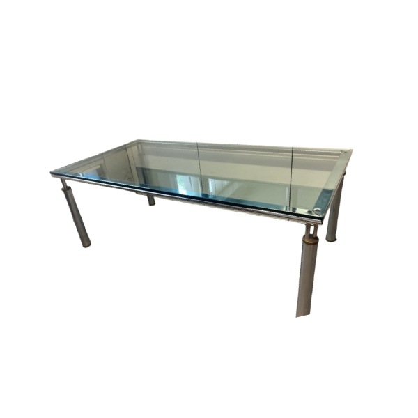 Vintage rechteckiger Esstisch Takao aus Stahl, Messing und Glas, Bononia Vintage rechteckiger Esstisch Takao aus Stahl, Messing und Glas, Bononia von Bononia