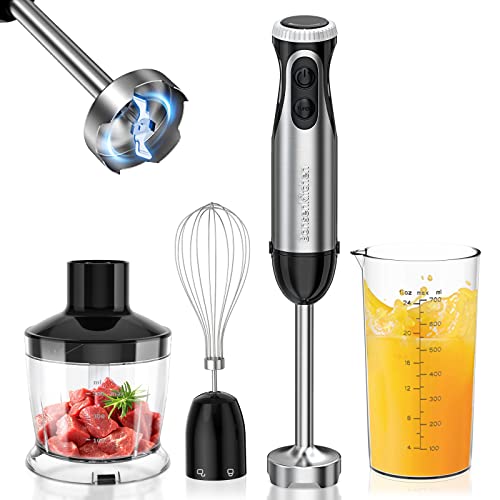 Bonsenkitchen Pürierstab, 4-en-1 Stabmixer Elektrischer, 1000W Stufenlos Geschwindigkeiten, Edelstahl, Schneebesen, 500ml Häcksler und 700ml Messbecher für Babynahrung, HB3203 (Schwarz) von Bonsenkitchen