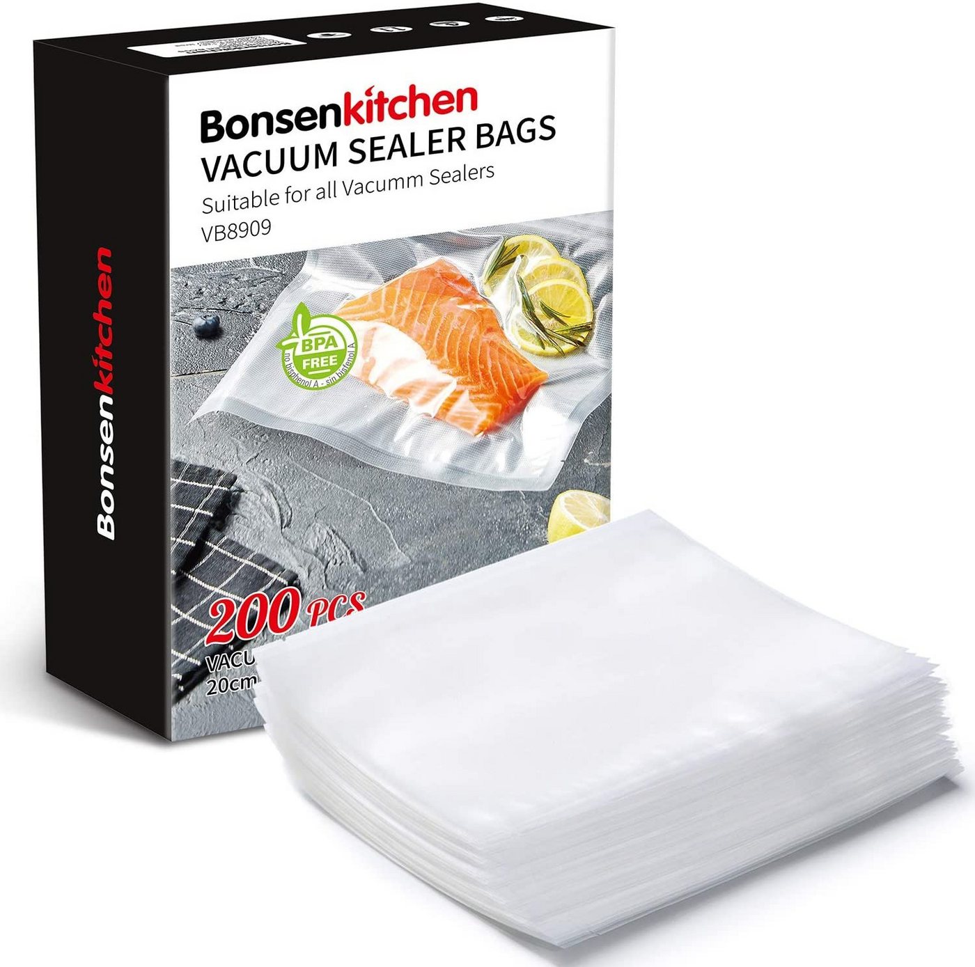 Bonsenkitchen Vakuumierbeutel-Adapter Bonsenkitchen Profi-Vakuumierbeutel für alle Vakuumiergeräte & Lebensmittel-Vakuumgeräte, BPA-freie kochfeste und Sous-Vide-Gefrierbeutel 200 Beutel 20x30cm von Bonsenkitchen