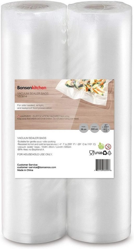 Bonsenkitchen Vakuumierbeutel-Adapter Bonsenkitchen VB8904 Profi-Vakuumbeutel für Vakuumierer und Lebensmittel-Vakuumierer, kochfester und Sous-Vide-Beutel 2 Rollen 28 x 600 cm von Bonsenkitchen