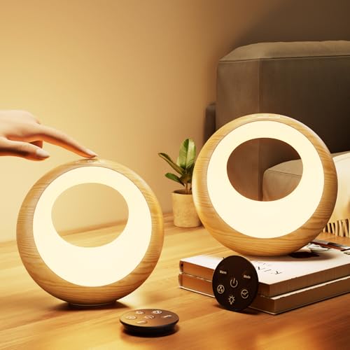 Bonsery Nachttischlampe 2er Set mit Fernbedienung, Nachttischlampe Touch Dimmbar Rund mit Farbwechsel & 9 Modi, USB Akku Nachtlicht Warmweiß mit Memory & Timer als Geschenke für Erwachsene Kinder von Bonsery