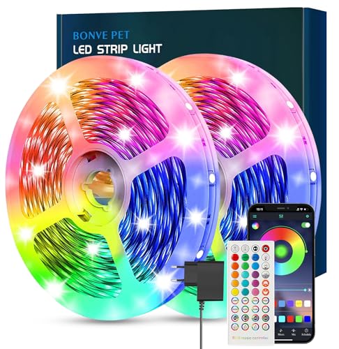 Bonve Pet LED Strip 20m, Bluetooth RGB LED Streifen, Farbwechsel LED Lichterkette mit Fernbedienung, App-Steuerung, Musikmodus, Timer-Einstellung, Dimmbar, LED Band für Haus Schlafzimmer TV Küche von Bonve Pet