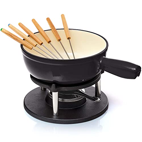 Bonvivre© Gusseisen Fondue Set für 6 Personen | 2 Liter | Fondueset 9-teilig mit Brenner und 6 Gabeln | mit Emaille-Beschichtung - geeignet für Käsefondue Schokofondue Fleischfondue Gemüsefondue von Bonvivre