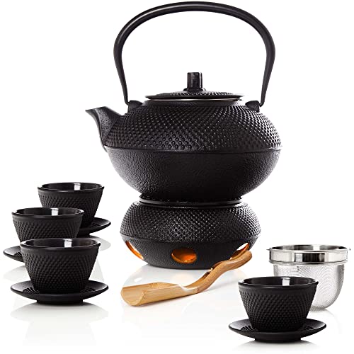 Bonvivre© Teeservice 12-teilig aus emailliertem Gusseisen - für 4 Personen | Teeset im asiatischen Stil mit Teekanne (1,4 L), Teewärmer, Tassen, Untersetzer, Dosierlöffel, Siebeinsatz von Bonvivre