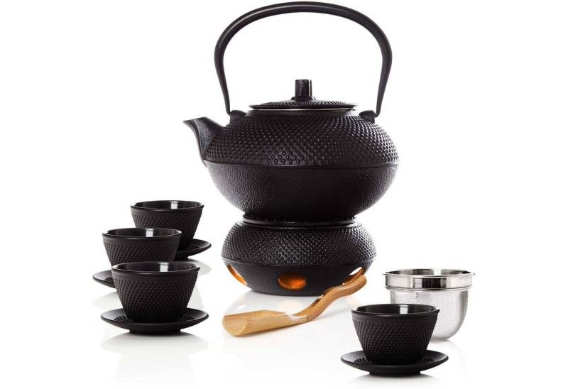 Bonvivre Teeservice asiatisches Teeset, 1,4 Liter Gusseiserne Teekanne Tetsubin (12-tlg), 4 Personen, - 1,4L Teekanne mit Sieb und Löffel, 4 Tassen + Untersetzer, Stövchen von Bonvivre