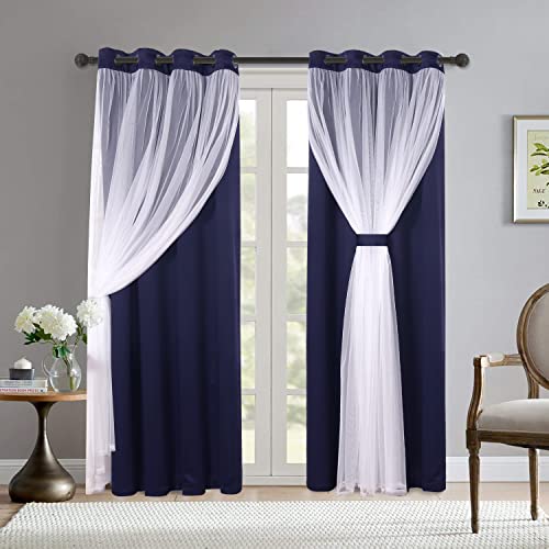 BONZER Graue Verdunkelungsvorhänge mit weißem, durchscheinendem Voile-Doppelschicht-Mix-Vorhänge mit Ösen für Wohnzimmer, Marineblau, 132 x 213 cm, 2er-Set Paneele von Bonzer