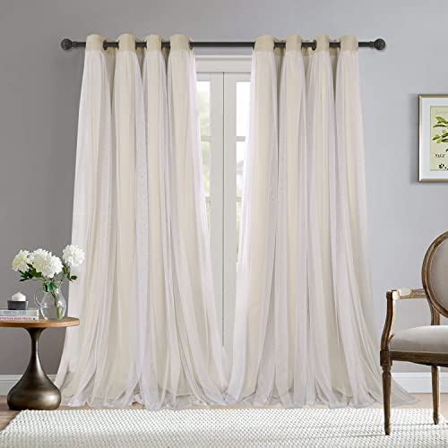 Bonzer Mix and Match Verdunkelungsvorhänge mit Ösen, doppellagig, mit weißem, durchscheinendem Voile-Vorhang für Wohnzimmer, Beige, 132 x 244 cm, 2er-Set Paneele von Bonzer