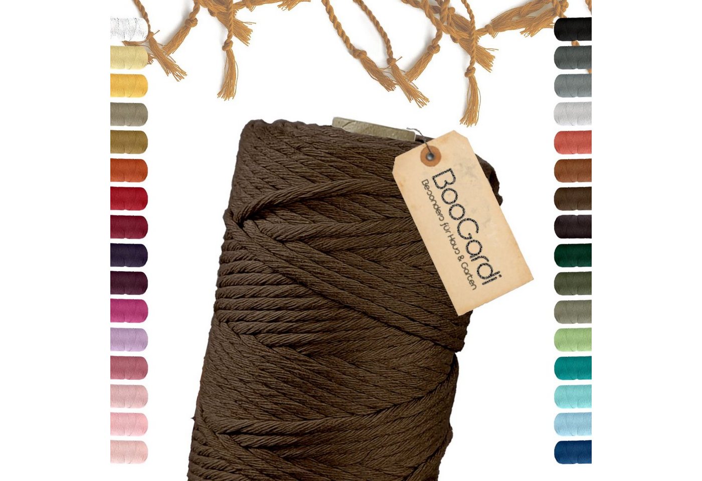 BooGardi Makramee Garn 100% Baumwolle - Farbe: Braun - Größe: 5mm x 100m Bastelgarn, (5mm x 100m 100% Baumwolle), Braun 2 Stärken Macramee Kordel Band von BooGardi