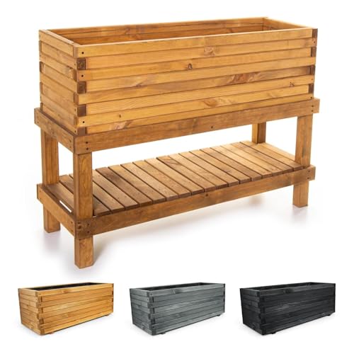 BooGardi Pflanzkasten aus Holz mit Vlies · 100cm mit Unterbau naturbraun · in 10 Größen · Blumenkasten · Hochbeet · Garten Balkon Terrasse · Pflanzgefäß Blumen Kräuter Gemüse Obst von BooGardi