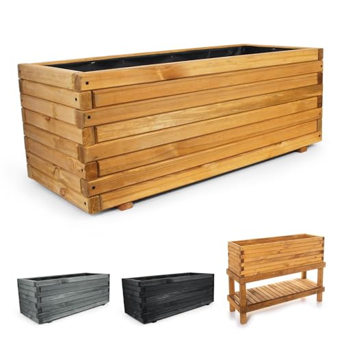 BooGardi Pflanzkasten aus Holz mit Vlies · 140cm naturbraun · in 10 Größen · Blumenkasten · Hochbeet · Garten Balkon Terrasse · Pflanzgefäß Blumen Kräuter Gemüse Obst von BooGardi