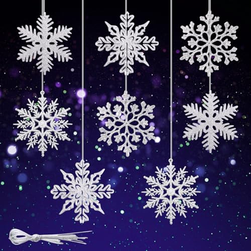 Schneeflocken, 24 PCS Schneeflocken Deko Weihnachten, Weihnachtsschmuck Schneeflocken Girlande Weihnachtsbaum Weihnachten Deko, Glitter Schneeflockendeko Weihnachtsbaumschmuck, Baumschmuck Weihnachten von Booaee