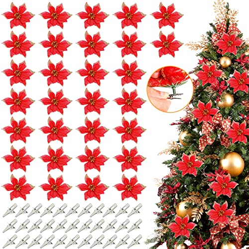 Weihnachten Blumen, 30 Stück Glitzer Künstliche Weihnachtsblumen,Weihnachtsstern Christbaumschmuck,Weihnachten Blumen Deko,Künstliche Weihnachten Blumen mit 30 Stück Clips für Weihnachtsbaum (Rot) von Booaee