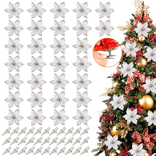 30 Stück Glitzer Künstliche Weihnachtsblumen, Weihnachtsstern Christbaumschmuck, Weihnachten Blumen Deko mit 30 Stück Clips für Weihnachtsbaum (Silber) 30 Stück Glitzer Künstliche Weihnachtsblumen, Weihnachtsstern Christbaumschmuck, Weihnachten Blumen Deko mit 30 Stück Clips für Weihnachtsbaum (Silber) von Booaee
