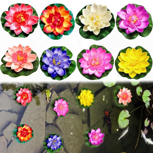 8 Stück Schwimmend Seerose, Schwimmend Lotusblüten, Künstliche Lotus Blume, Seerose Lotusblüte, Künstliche Pflanzen Wasserlilie, Seerose Blume Dekor, für Aquarium Garten Pool Garten Teich-Farbig von Booaee