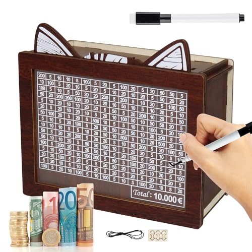 Booaee Sparbox Holz,Sparbox mit Zahlen Ankreuzen,Katze Spardose Holz Wiederverwendbare Spar Box Retro Sparbüchse Aufbewahrungsbox Sparschwein mit Sparziel spardose Schwarz Erwachsene Kinder (10000€) von Booaee