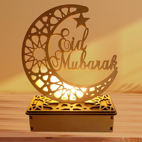 Ramadan Holz Lichter Dekoation, 1 Stück Eid Mubarak Tischdekoration Mond Stern Nachtlichter, Ramadan LED Lampe Mubarak DIY Lampen für Zuhause, Büro, Ramadan Dekoration, Eid Mubarak Geschenke (B) von Booaee