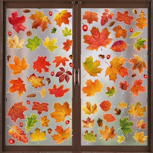 Fensterbilder Deko,6 Bögen Thanksgiving Frühling Fensteraufkleber Fensterbilder Selbstklebend Fensterdeko Fenster Deko Fensterbild Herbst Blätter Aufkleber Ahornblätter, für Kinderzimmer Dekoration von Booaee