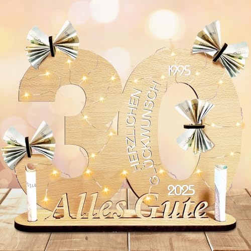 Geschenke zum 30 Geburtstag Frau Mann, Holz-Schild Gästebuch, Geldgeschenke Geburtstag 30 Alles Gute zum mit LED Lichterkette Ständer, Holz 30.Geburtstag Deko, 30 Geburtstag Geldgeschenke zum Jubiläum von Booaee