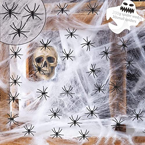 Halloween Spinnennetz 200g, Halloween Deko Spinnennetze mit Gefälschte Spinnen Deko Outdoor Garten, Horror Deko Spinnen und Weiß Spinnennetz, für Halloween Party und Deko Draußen Tür Fenster Kamin von Booaee