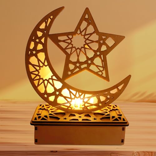 Ramadan Deko, Eid Mubarak Holz LED Lampe Lichter Muslim Lichter 3D hölzerne Ramadan Lichterkette Laterne Islamische Dekoration Ramadan Deko Led Lichter Led Deko Mond Lampe islamische Tischdekoration von Booaee