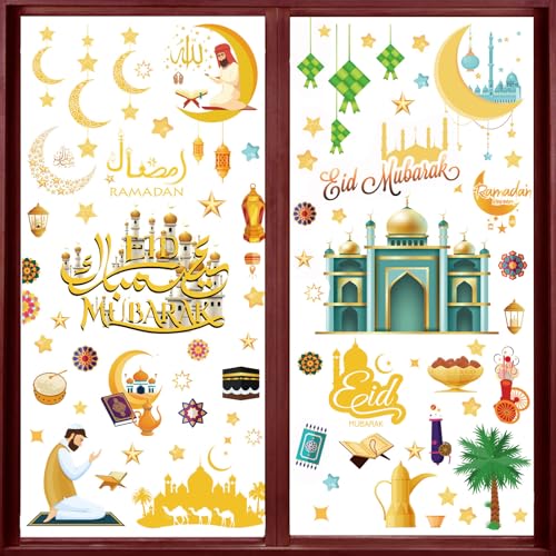 Ramadan Deko,121 Stück Ramadan Fensteraufkleber Deko, Eid Mubarak Fenster Aufkleber Stickers Fensterdeko Muslim Eid Ramadan Sticker Dekoration, Muslim Partyzubehör Stern Halbmond Laterne Aufkleber von Booaee