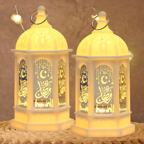 Ramadan Deko Lampe,2 Stück Ramadan Dekoration Laterne 17cm Muslim Ramadan Laternen Ramadan Deko Laterne LED Hängend Ramadan Licht Eid Mubarak Laterne Mond Stern Dekoration für Muslim Islamic Deko von Booaee