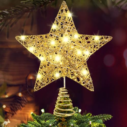 Weihnachtsbaum Spitze,Gold Christbaumspitze Weihnachten Topper Stern Weihnachtsbaumspitzen Stern Tannenbaum Spitze Baumspitze Stern LED Lichterkette Beleuchteter Stern-Baumschmuck Weihnachten Deko von Booaee