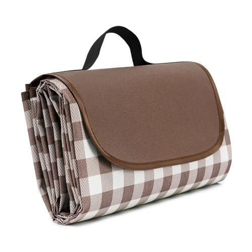 BooeDareno Tragbare Picknickdecke für den Außenbereich, 3 Größen, wasserdicht, Strandkissen, Matte, Babyschlafmatte, feuchtigkeitsbeständig, kariert, Multiplayer-Campingmatte (braun, 150 x 100 cm) von BooeDareno