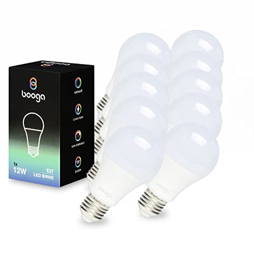 Booga LED E27 Glühbirne Leuchtmittel - 12 Watt - kaltweißes Licht - 6500K - Milchglas - Energiesparlampe - LED-Birne - 220-240V AC,10er Set von Booga